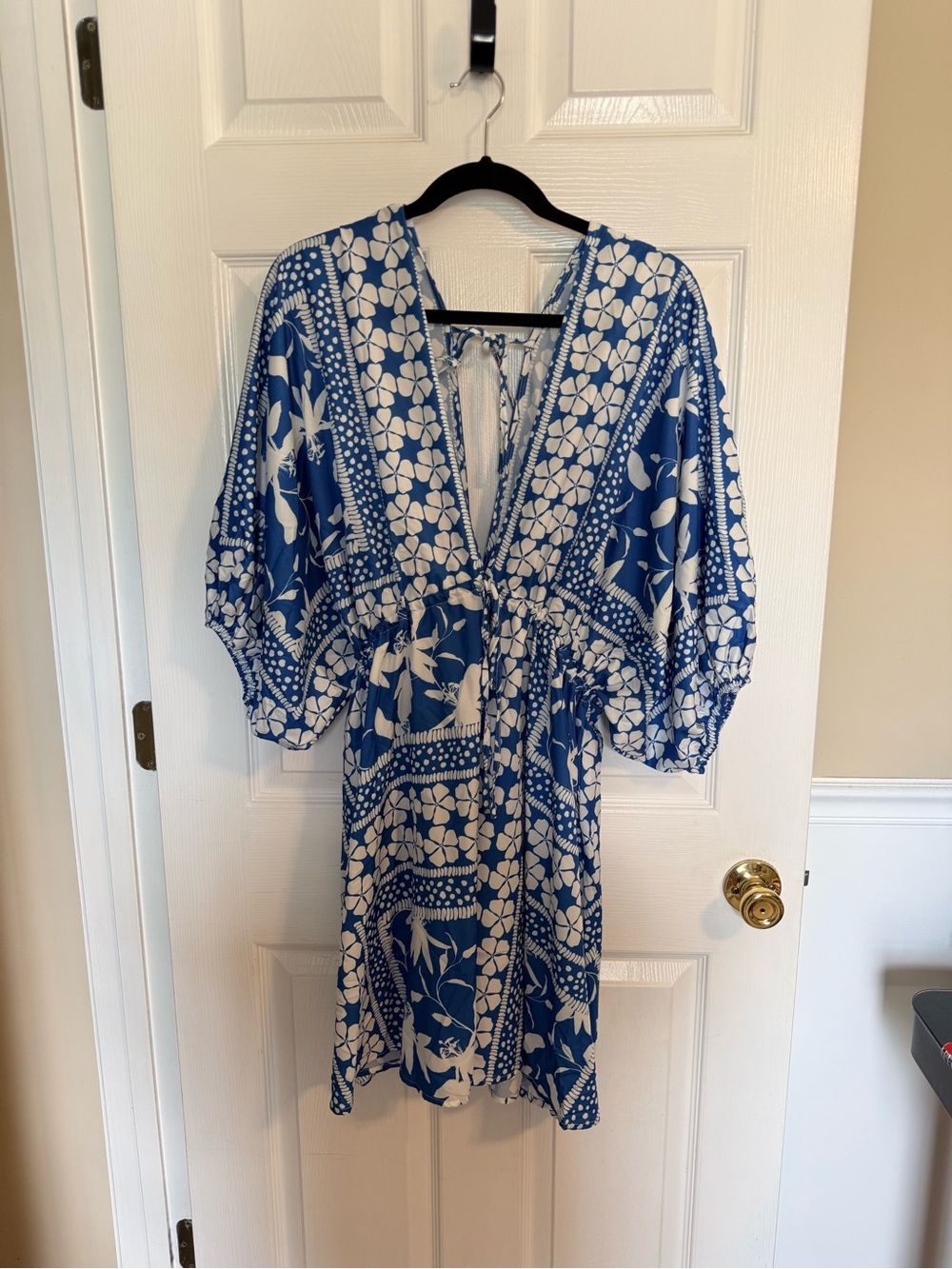Blue & White Floral V-Neck Tie-Back Mini Dress